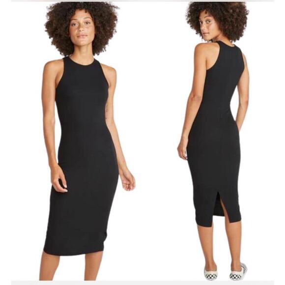 Marine Layer Lexi Rib Daytime Midi Dress Black Size Medium Casual Minimalist - Picture 1 of 9